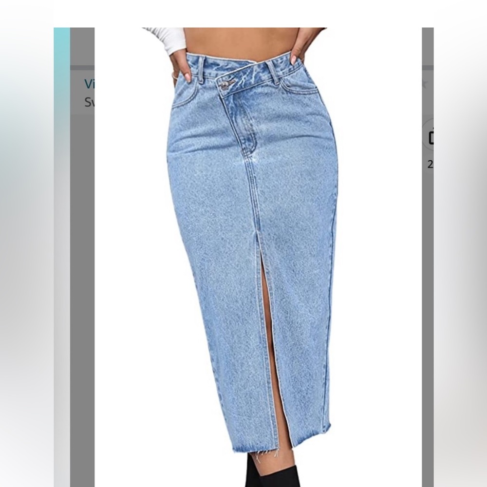 Trendy denim maxi with middle slit and crossover waist